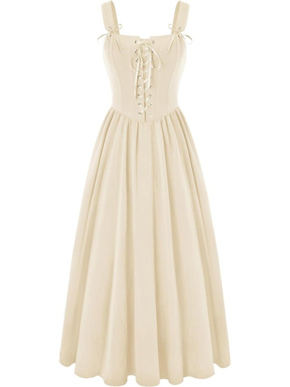 Women's Apricot Cottage Core Long Sleeveless Lace Up Imported Costume Dress